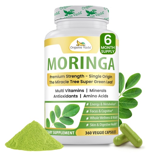 [BRSRAZQ3OJ7GGCLO] Organic Veda Moringa Capsule 1000mg, 6 Months Supply - True Green Pure Organic Moringa Leaf Superfood - Vitamins & Antioxidants Rich Powder, Energy, Digestion, Brain & Skin Health - 360 Vegan Capsule
