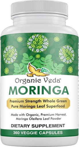 [BRSRAZQ3OJ7GGCLO] Organik Veda Moringa Leaf Toz Capsules, 1000 mg, 360 Kont - Gerçek Yeşil Yerli Moringa Oleifera, Premium Strength Nutrient Dense 100% Pure Leaves - Energy, Sleep & Immunity Support - Vegan