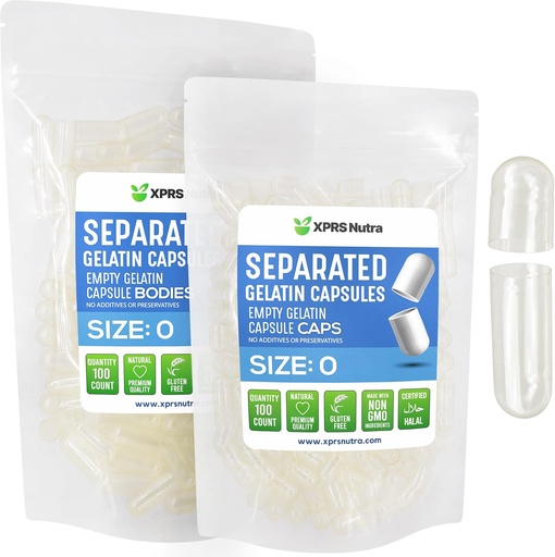 [BRSW2H36C5YQ2C3F] XPRS Nutra Gelatin Size 0 Separated Capsules - 100 Count Clear Empty Capsules Separated in Bags - Size 0 Gelatin Pills - Clear Gel Caps for DIY Supplement Filling
