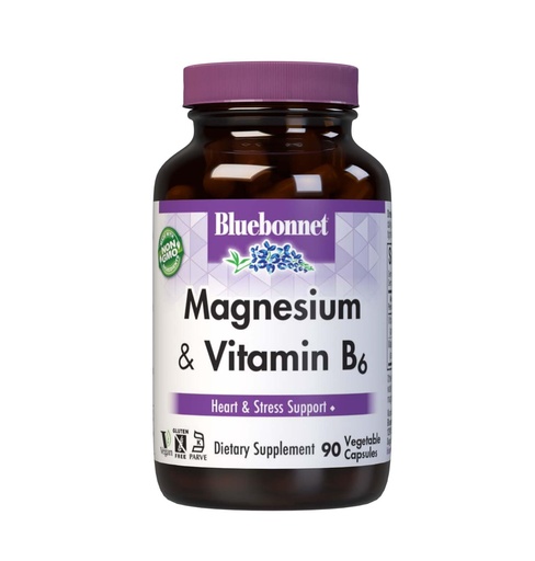 [BRSWIYQTPJ6QM3YZ] Bluebonnet Nutrition Magnesium & B6 – 400 mg Magnesium Oxide & Aspartate with Vitamin B6 25 mg – Heart & Brain Magnesium Complex for Women & Men* - Non-GMO, Vegan, Gluten-Free - 90 Vegetable Capsules