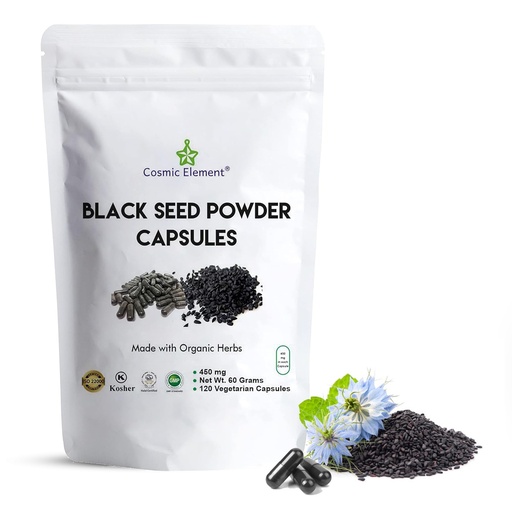[BRSWYZYFC56QYF3K] Cosmic Element 100% Pure Black Seed Powder Capsules Organic - Vegan Nigella Sativa 450mg Black Cumin Seeds per Serving for Health - 120 Capsules