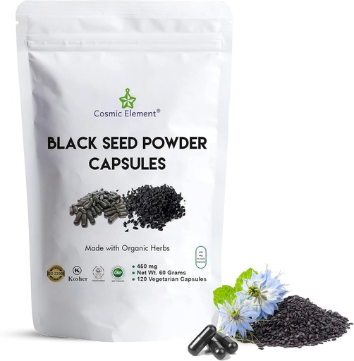 [BRSWYZYFC56QYF3K] Elemento Cósmico 100% Pure Black Seed Powder Capsules Orgánico - Vegan Nigella Sativa 450mg Negro Cumin Semillas por Serving for Health - 120 Capsules