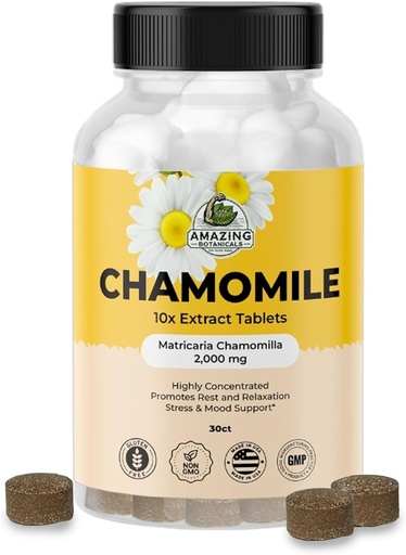 [BRSWYBLRC4JWGHTB] Amazing Botanicals Organic Chamomile Extract Tablets - Matricaria Chamomilla Plant-Based Supplement - 10x Extract 2000 MG Each - Promotes Relaxation - 30 Tablets