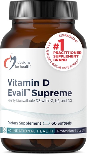 [BRSW2YYOOEBB42DV] Designs for Health D-Evail Supreme - 5,000 IU Vitamin D3 Supplement with VIT K (K1, K2 as MK-4) + GG - Bone, Cardiovascular + Immune Support - Improved Bioavailability (60 Softgels)