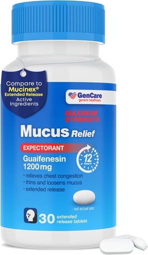 [BRSRAGALOJ7A2YL3] GenCare Mucus Relief 1200 mg Maximum Strength (30 Count) 1200mg Guaifenesin Extended-Release Tablets – Expectorant for Chest Congestion Relief for Adults – Compare to Maximum Strength 12 Hour