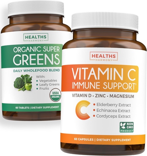 [BRSRAYD4BBYRME33] Super Greens & Vitamin C (1-Month Supply) Greens & C Synergy Bundle of Organic Super Greens Powder - Complete Superfood (60 Capsules) & & Vitamin C Immune Support (60 Vegetarian Caps)(Non-GMO)