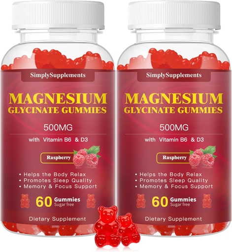 [BRSROCQRCICWOEY2] Glycinat de magnésium Gommies 500mg, supplément de magnésium à croquer avec vitamine D3, B6, CoQ10 pour la relaxation, le sommeil et le soutien de l'humeur, Gommy de magnésium calme - 60 Gommies de framboise(2 pack
