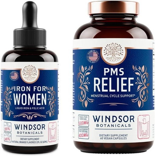 [BRSW2HANCACBEE3G] WINDSOR BOTANICALS Liquid Iron and PMS Relief Capsules Womens Bundle