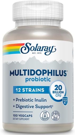 [BRSWIGT5BJ6WAEYZ] SOLARAY Multidophilus 12 Strain Probiotic 20 Billion CFU, Probiotics for Digestive Health and Gut Health Support, Prebiotic Inulin, No Dairy, 50 Serv, 100 VegCaps