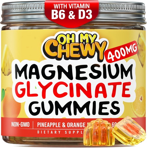 [BRSRA232BV7BGA3A] Middelgrote Magnesium Glycinate Gummies 400MG - Hoge Absorptie voor kinderen, tieners en volwassenen - Supplement voor slaap, rust en spierontspanning met B6 & D3 - Glutenvrij & Veganistisch vriendelijk - 120 Tel.