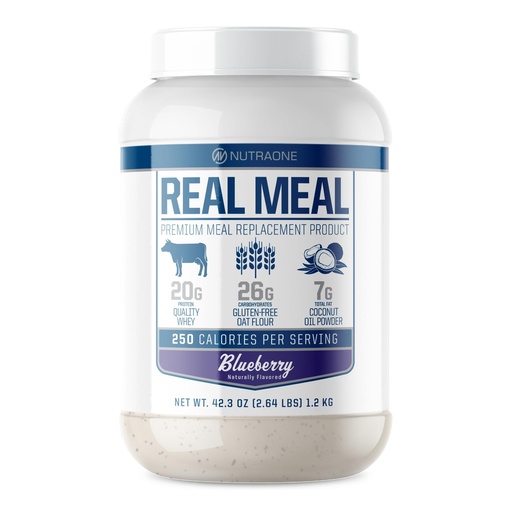 [BRSWGAIOAQCB62DH] Real Meal by NutraOne - Perfect Meal Replacement Powder for Everyday Goals | Including Whey Protein, Coconut Oil, and Gluten-Free Oats* (Blueberry – 2.6 lbs.)