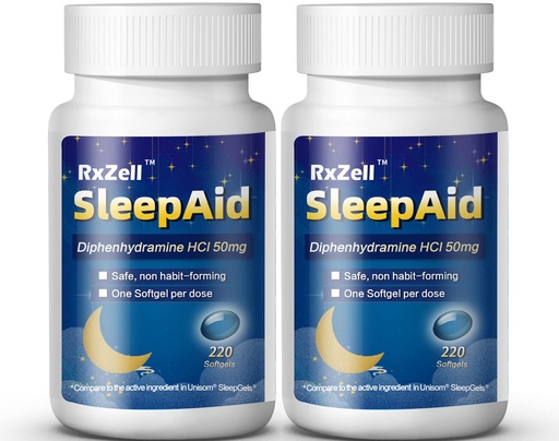 [BRSW22YYC55AG3DU] RXZELL Sleep Aid, Diphenhydramine Softgels 50mg, Easy-to-Swallow, Supports Deeper Restful Sleeping, Non Habit-Forming (220 Counts | Pack of 2)