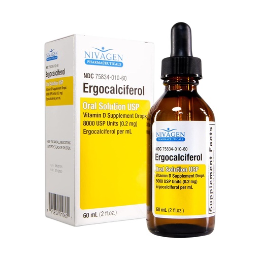 [BRSWIHYRA5YBECDA] Nivagen Vitamin D2 Liquid Drops 8,000 USP (Ergocalciferol) | 400 IU per Serving | 2 Drops Once Daily | 1,200 Servings, 60ml (2 fl. oz) | Faster Absorption | Bone, Muscle & Immune Support | Made in USA