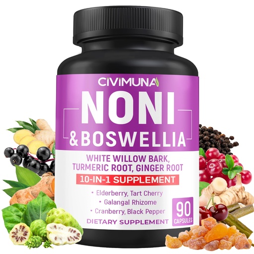 [BRSRMFA3O4IAM3TB] Noni Capsules with Boswellia, White Willow Bark, Turmeric, Ginger Root and More - 90 Capsules for 3 Months Supply
