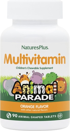 [BRSWIGT4PN5G2GY7] Natures Plus Animal Parade Multivitamina Agridulce para Niños - Naranja Sabor - 90 Tablas con Forma de Animales - Promueve Salud &amp; Bienestar - Vegetariano, Gluten Gratis - 45 Servimientos