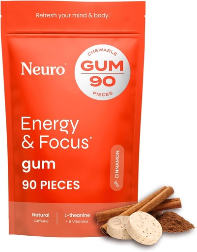 [BRSRM2QPOUORQFLL] NeuroGum Energy & Focus Gum (Cinnamon, 90 Pieces) | 40mg Natural Caffeine + L-Theanine + Vitamin B12 & B6 + Xylitol | Sugar Free Nootropic Cognitive Brain Performance Supplement