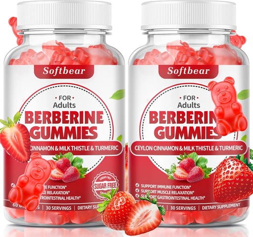 [BRSROHA6DIMGAFIY] softbear Berberine with Ceylon Cinnamon Gummies Organic Berberine HCL 1500mg for Metabolism Immune Health Sugar-Free Berberine Supplements Strawberry Flavored 120 Count