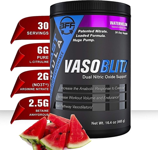 [BRSWGFA5CV6QKHYU] VASOBLITZ Award Winning Dual Nitric Oxide Pre Workout with NO3T Arginine Nitrate,L-Citrulline,Betaine Anhydrous,Calcium Lactate,Caffeine Free for Muscular Endurance(30 Serving) (Watermelon)