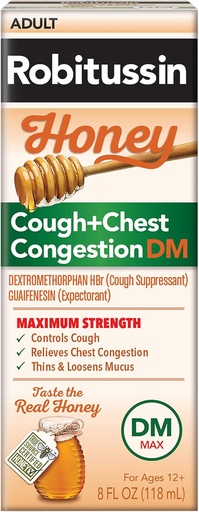 [BRSWGEI7DIGQ23A2] Robitussin honning DM Max Cough Plus Chest Congestion, Voksenformel - 8 Fl Oz.