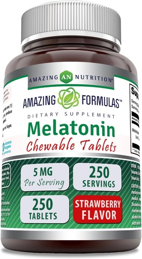 [BRSWGC32CUFAMYA3] Fórmulas increíbles Melatonin Chewable Suplemento TENIDO 5 Mg Por Serving TENIDO 250 Tablets TENRI Non-GMO ANTE Gluten-Free TEN Made in USA (Strawberry)