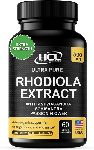 [BRSWGFQTC4IQ23D7] Rhodiola Rosea Supplément High Potency Extract 500mg - 3% Rosavins 1% Salidrosides avec Ashwagandha Shisandra Passion Flower Herb Capsules en poudre - Natural Way to Relieve Stress - Pills for Energy