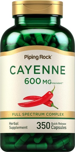 [BRSRMYL2OYCRYCT6] Piping Rock Cayenne Pepper Capsules | 600mg | 350 Count | Concentrated Extract Supplement | Non-GMO, Gluten Free