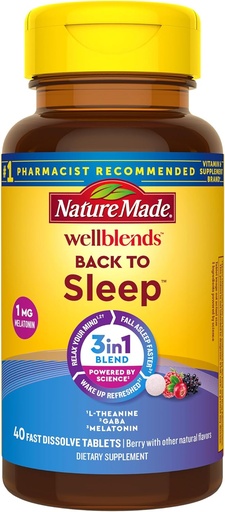 [BRSW2AI3O4FBMFDJ] Nature Made Wellblends Back To Sleep, Lower Dose Melatonin 1 mg, L theanine 100 mg y GABA 100 mg, Suplemento de sueño, 40 tabletas de dissolve rápido