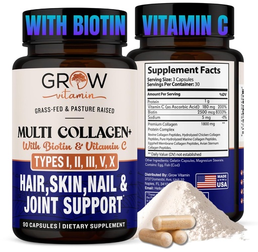 [BRSW2FATCEPA4A37] grow vitamin Multi Collagen Capsules 1800MG (Types I, II, III, V & X) - Non GMO, Grass Fed Collagen - Anti Aging Support for Hair, Skin, Nails - Protein Pills for Joint Support - 90 Capsules