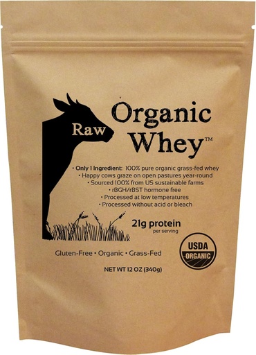 [BRSWIEYZCMHWIFLI] Raw Organic Whey Protein Powder, Grass Fed, Happy Healthy Cows, Undenatured, Hormone Free, Non-GMO, Gluten Free, Unflavored, Unsweetened Protein, 12 oz