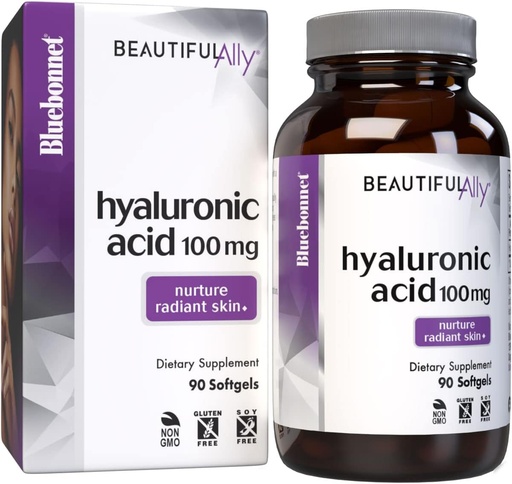 [BRSWG2YBA4HQO2DD] Bluebonnet Nutrition Beautiful Ally Hyaluronic Acid 100mg, Nurture Radiant Skin*, Non-GMO, Gluten-Free, Soy-Free, 90 Softgels, 90 Servings