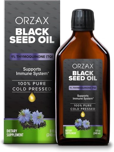 [BRSROAT7OQMA23LB] ORZAX Black Seed Oil Liquid (8 fl oz) - Cold Pressed 100% Pure | Vegan, Gluten Free, Non-GMO | 5000mg Black Cumin (Nigella Sativa) Oil with 50mg Thymoquinone | Rich in Omega 3-6-9 | Glass Bottle
