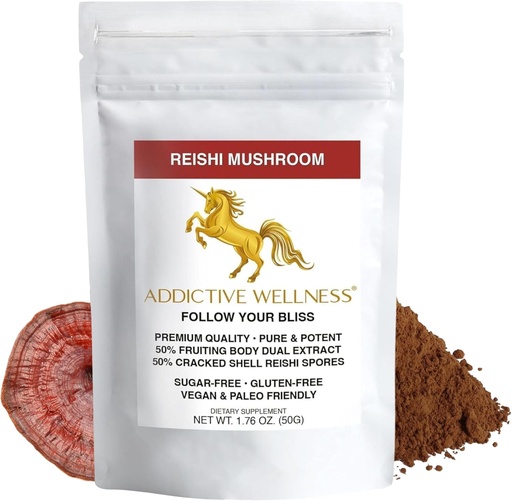 [BRSWYY34C4BQOCQY] Addictive Wellness Reishi Mushroom Extract Powder + Spores (50/50 Blend) Wood Grown Pure & Potent Wildcrafted Ganoderma 50g (1.76 oz)