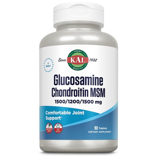 [BRSWIYQHDEHRE2TU] KAL Glucosamine Chondroitin MSM, Joint Support Supplement for Women and Men, 1500mg Glucosamine Sulfate, 1200mg Chondroitin, 1500mg MSM, Rapid Disintegration, 60-Day Guarantee, 30 Servings, 90 Tablets