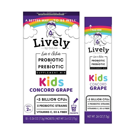[BRSWKGYKBN4WKC3U] Lively (by GoLive) KIDS CONCORD GRAPE Synbiotic (Probiotics+Prebiotics); 5 Clinical Strains; +5 Billion CFUs. Probiotics & Prebiotics KIDS for Digestion, Metabolism, Immunity. (10 Packs)