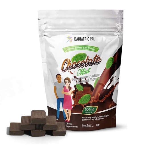 [BRSW22T4CEIGCYL5] BariatricPal Sugar-Free Calcium Citrate Soft Chews | 500mg with Vitamin D & Probiotics | Chocolate Mint | 90 Count (1 Month Supply)