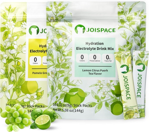 [BRSRAGL7A4NAMF3J] JOISPACE Electrolyte Drink Mix con Tea Polyphenols | Fast Hydration & Electrolytes Boost | Non-GMO, Vegan, Gluten-Free | Pomelo Tea & Lemon Lime Tea, 32 Serve