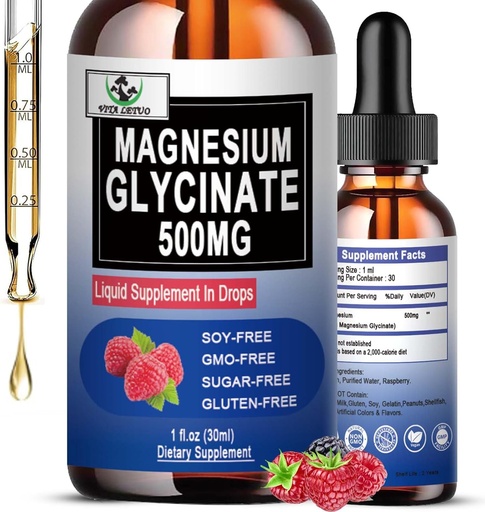 [BRSRAGINCIHA4HLX] Magnesium Glycinat 500mg, flydende Magnesium Glycinat Drops 6X høj Absorption for ben, søvn, ben kramper & immunforsvar, Vegan, non-GMO, gluten- fri
