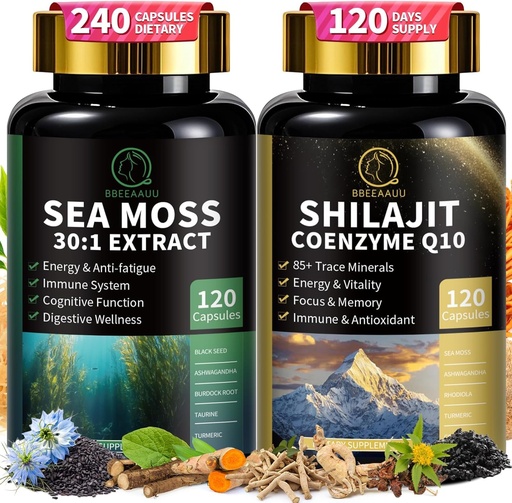 [BRSRAHYPOUNBGGT6] Shilajit pour les hommes, la mousse de mer et le bundle Shilajit, Tous en 1 suppléments avec Coenzyme Q10, Graines noires, Ashwagandha, Taurine, Burdock pour l'énergie, Endurance, Antioxydant & Immunissable Support, 240 Capsules