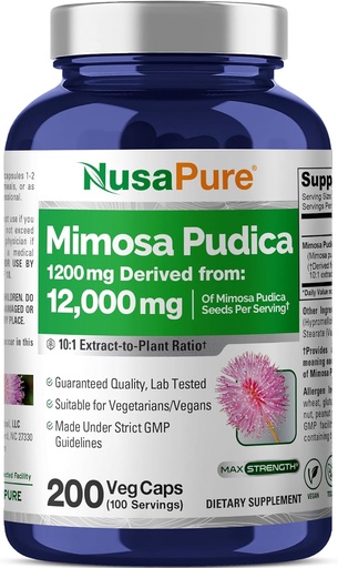 [BRSROGA7CMAQM3DU] NusaPure Mimosa Pudica Seed 10:1 Ekstraktı, 1200 mq 12 m 200 Veg Capsules (Non-GMO, Vegan)