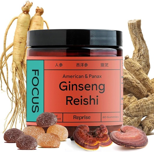 [BRSRMHALBAHA4E3J] Focus Gummies with American Ginseng, Korean Panax Ginseng & Reishi Extract - Helps to Support Energy & Mood, Vegan, Low-Sugar, 60 Gummies, Pineapple, Loquat & Strawberry Flavor