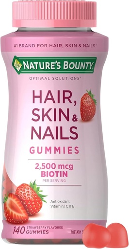 [BRSWGEABC4BWAGYU] Nature's Bounty Hair, Skin & Nails with Biotin, Strawberry Gummies Vitamin Supplement, Supports Hair, Skin, and Nail Health for Women, 2500 mcg, 140 Ct, 70 Total Servings