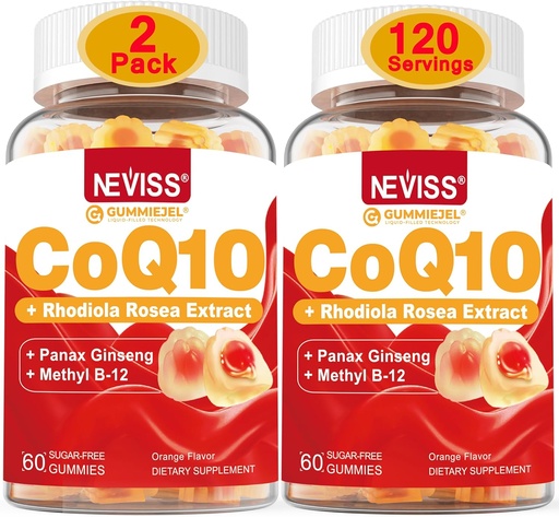 [BRSRAFAQO57BG335] NEVISS Sugar Free CoQ10 Filled Gummies with Vitamin B12 1000mcg, Rhodiola Rosea and Panax Ginseng Extract, Vitamin B6, Coenzyme Q10 Supplement, 2 Pack