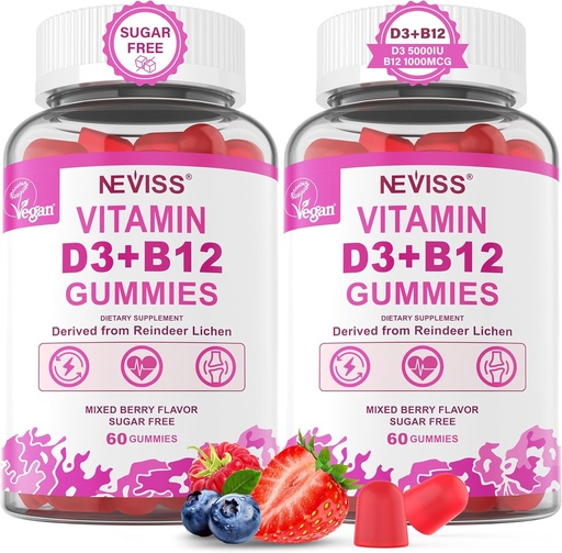 [BRSRMBD3PMNROFL5] NEVISS 2Pack Vegan Vitamin D3 + Vitamin B12 Gummies, High Potency D3 5000IU & 1000 mcg Methylated B12, Vitamin D3 och B12 för vuxna, Support Bone Health, Immune & Energy Supplement, 120 Count