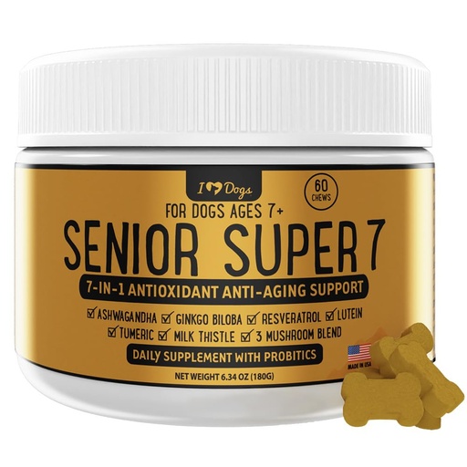 [BRSRMBAKOAMQGDT3] iHeartDogs Senior Super 7 Dog Multivitamin with Probiotics, 60 Chews | Anti-Aging with Antioxidants, Probiotics, Lion's Mane, Turkey Tail, Ashwagandha, Supports Longevity & Cognitive Boost