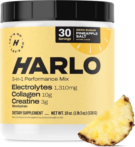 [BRSRAZAFOAFREEYV] Harlo - Collagen & Creatine Electrolyte Drink Mix - Pineapple Salt Flavor - Hidratazioa Pre & Post Workout Powder - Azala, Joints & Muscle Recovery - Sugar-Free Energy Boost