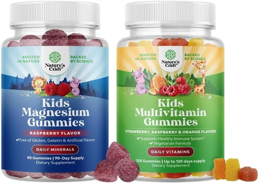 [BRSROCT3OB7RQD3Z] Bundle of Kids Magnesium Gummies - Supplement for Nerve Health, Muscles & Healthy Heart Support, and Plant Based Kids Multivitamin Gummies - Multivitamin for Immunity Support with Vitamins A C D3 E B