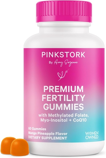 [BRSWYFA5BECQAYAU] Pink Stork Fertilitet Gummier for kvinder - Ananas Mango Flavor, Conception Support med Myo-Inositol, CoQ10, Folate, Zink, D-vitamin, B6, B12 - Hormonal & Reproductive Health Supplement - 60 Gummies