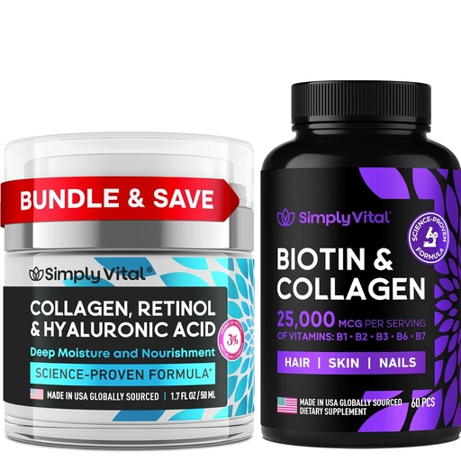 [BRSROAYCPIARGAAV] SimplyVital Biotin, Collagen & Retinol Bundle – 5000mcg Biotin for Hair, Skin & Nails + Anti-Aging Retinol & Hyaluronic Acid Cream for Face, Neck & Décolleté – Made in USA