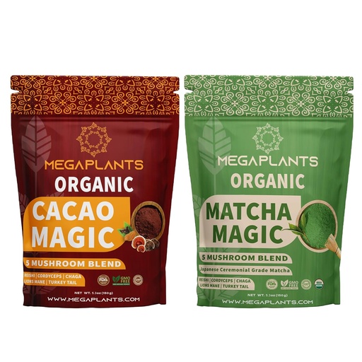 [BRSRA2YKOABAIALD] MegaPlants Cacao Magic & Matcha Magic (50 Servings) | Superfood 5 Mushroom Powder Blend for Focus, Clarity & Energy | USDA Organic