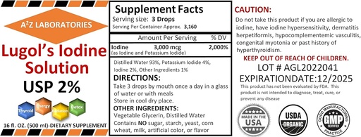 [BRSRMHYYOYHRM3LO] A2Z Organic Lugol's Iodine and Potassium Iodide 2% Solution 3000 mcg - Liquid Supplement Drops for Thyroid Support for Women & Men, Metabolism Health, Detox Boost -16 Fl Oz/USA/Ships Today! (1)
